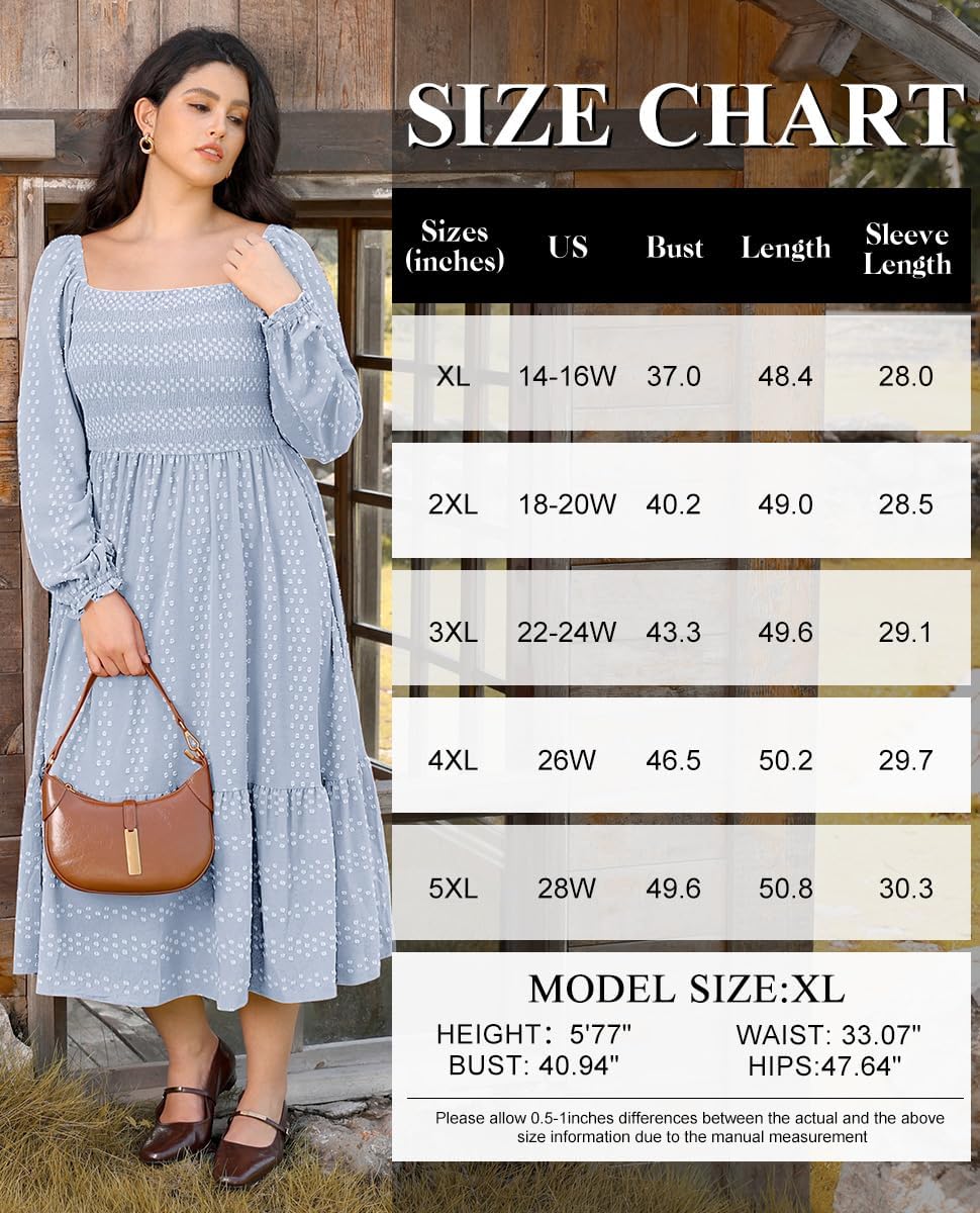 RITERA Plus Size Fall Dresses for Curvy Women Maxi Wedding Guest Long Sleeve Smocked Swiss Dot Winter Dress Pockets XL-5XL