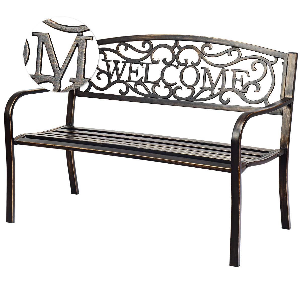 COSTWAY Banco Jardín con Respaldo Decorativo, Exterior de Metal Forjado, Terraza Diseño Rústico, 2-3 Personas, Silla de Parque 127 x 63,5 x 89 cm, 320 kg para Parque Bronce