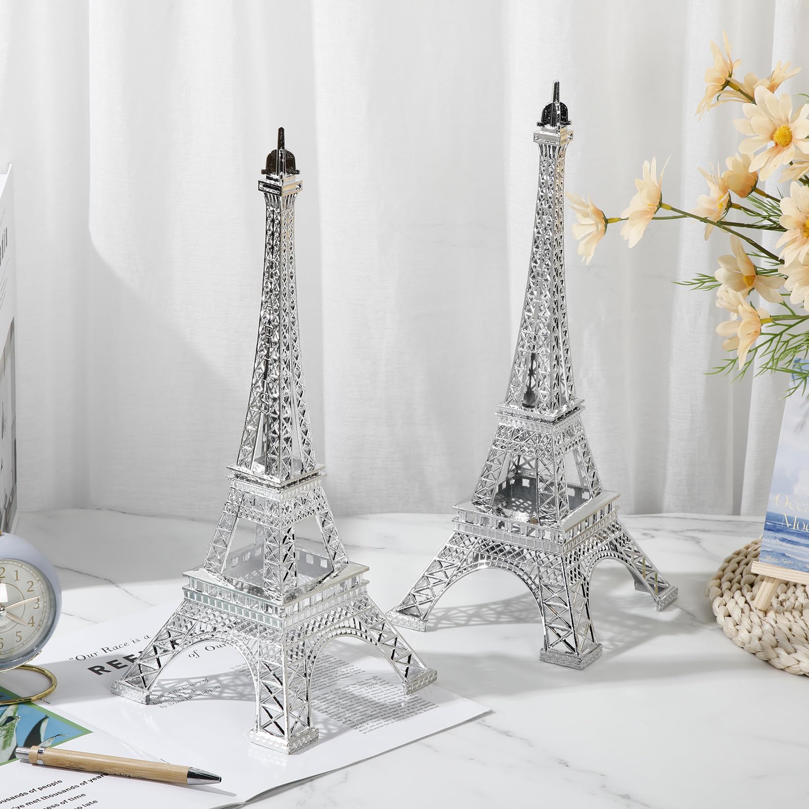 Photo 1 of 2 Pack Metal Eiffel Tower Statue Decor Paris Eiffel Tower Model Figurine Replica Stand Holder for Themed Party Decoration Cake Topper Bedroom Room Home Table Collectible Gift (Silver,19 Inch) Silver 19 Inch