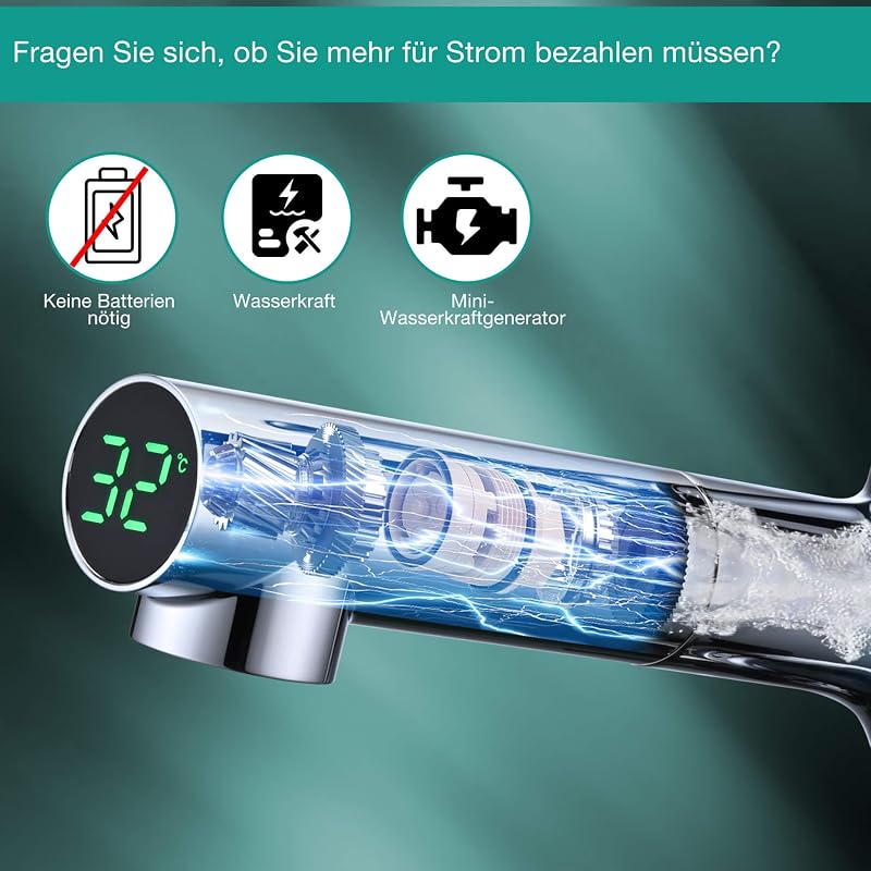Detbom LED kijelzős mosdó csaptelep zuhanyfunkcióval, 2 sugaras konyhai csap, energiatakarékos egykari mixer