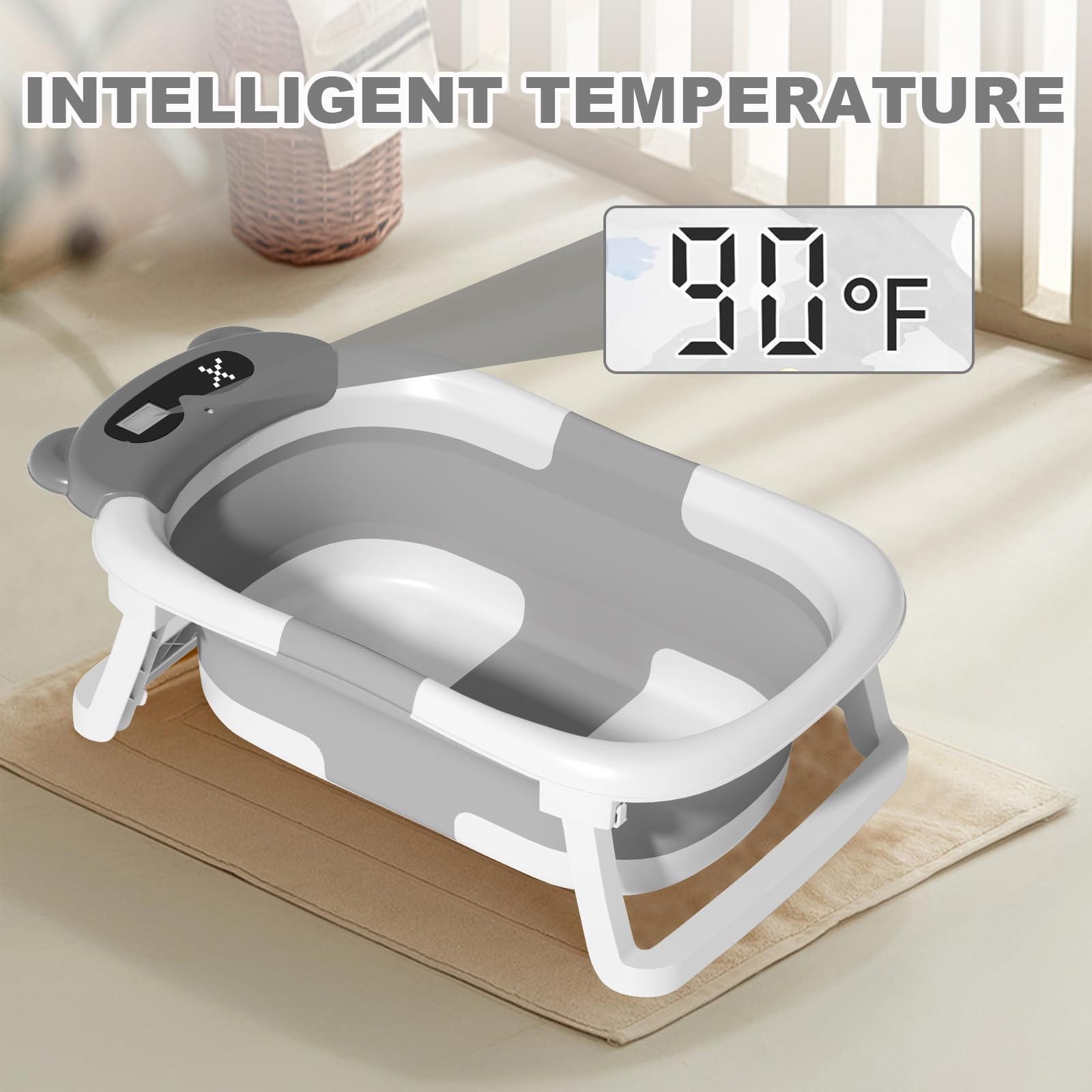 LiveGo Bañera para bebé, bañera plegable para bebé, bañera plegable para recién nacidos a niños pequeños, bañera portátil de viaje con monitor de temperatura en tiempo real + cojín suave, juego de