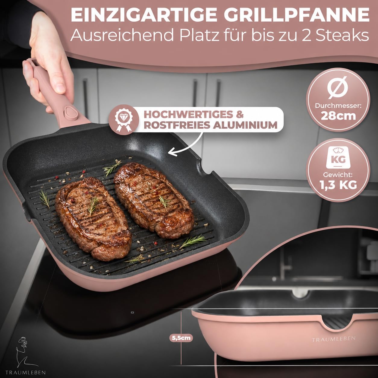 TRAUMLEBEN Grillpfanne 28 cm mit Ausguss & abnehmbarem Griff (Rosa) | Antihaftbeschichtung, PFOA-frei, für Induktion geeignet, backofenfest, Steakpfanne