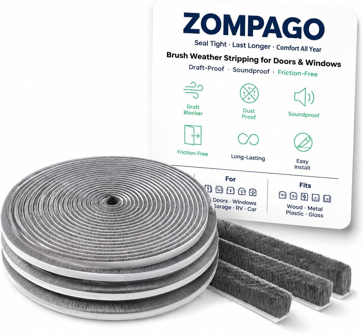 ZOMPAGO Strong Adhesive Brush Weather Stripping & Seal Strip, 0.2in Thick x 0.4in(W) x 33FT Grey - for Sliding Windows & Exterior Doors, Soundproof/Dustproof/Windproof, Warm Insulation, Waterproof