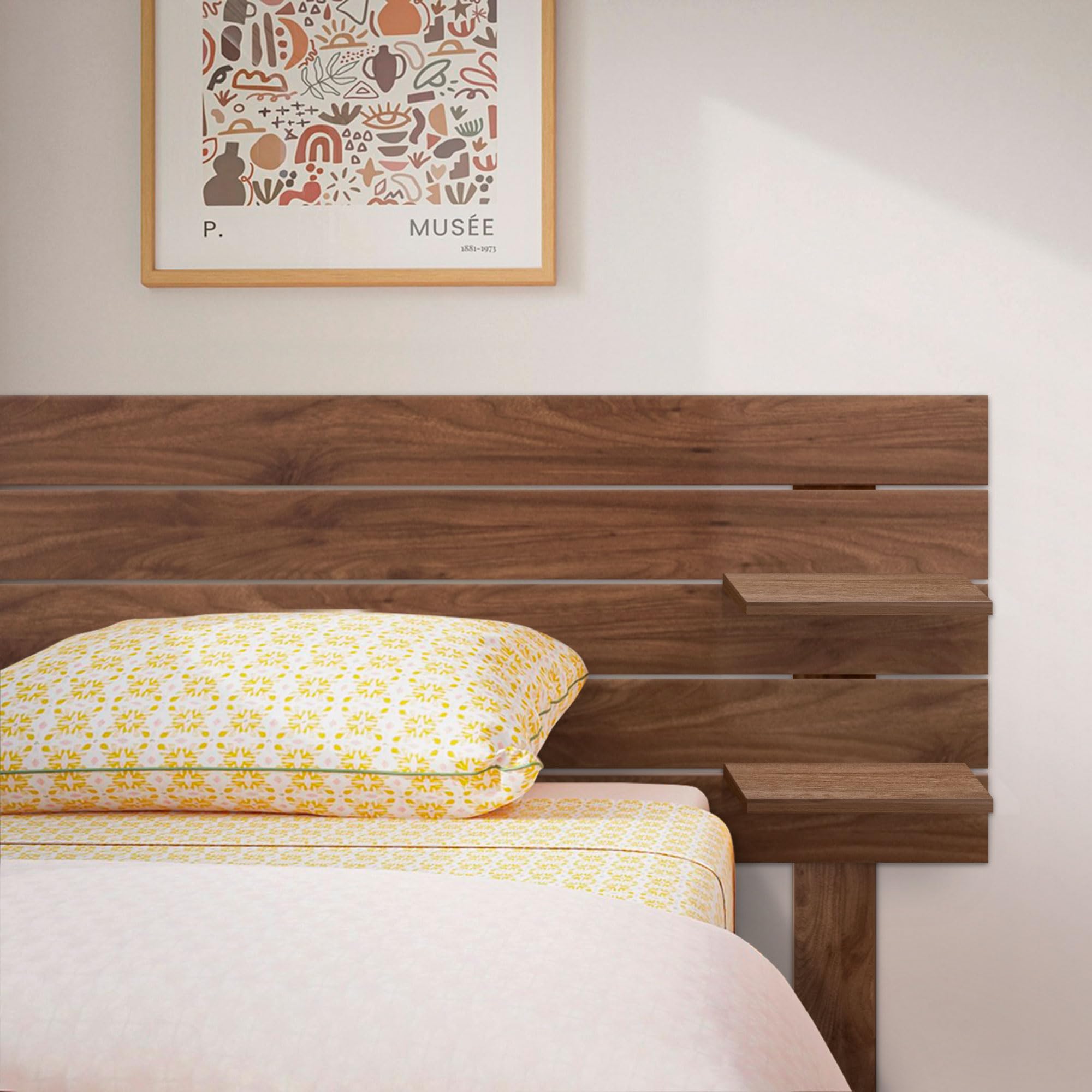 DHOME Cabecero con Estantes de Madera reciclada DM con Patas Colgante Pared Estilo Palet Horizontal Cama Vintage Nordico Herrajes incluidos (Nogal Madera, 135cm)