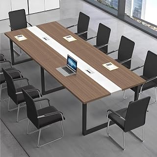 Mesa de Reuniones Grande, Mesa de Conferencias Moderna con Conducto para Cables y Estructura de Metal Negro, Rectangular, para 8-12 Personas, Ideal para Oficina y Sala de Seminarios