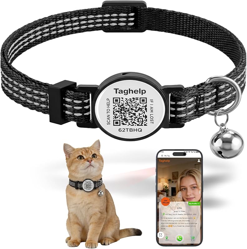 Coleira para Gatos com Fecho Breakaway, Faixa Refletiva, Sino e Plaquinha com QR Code Taghelp TH-11510 (Preta)