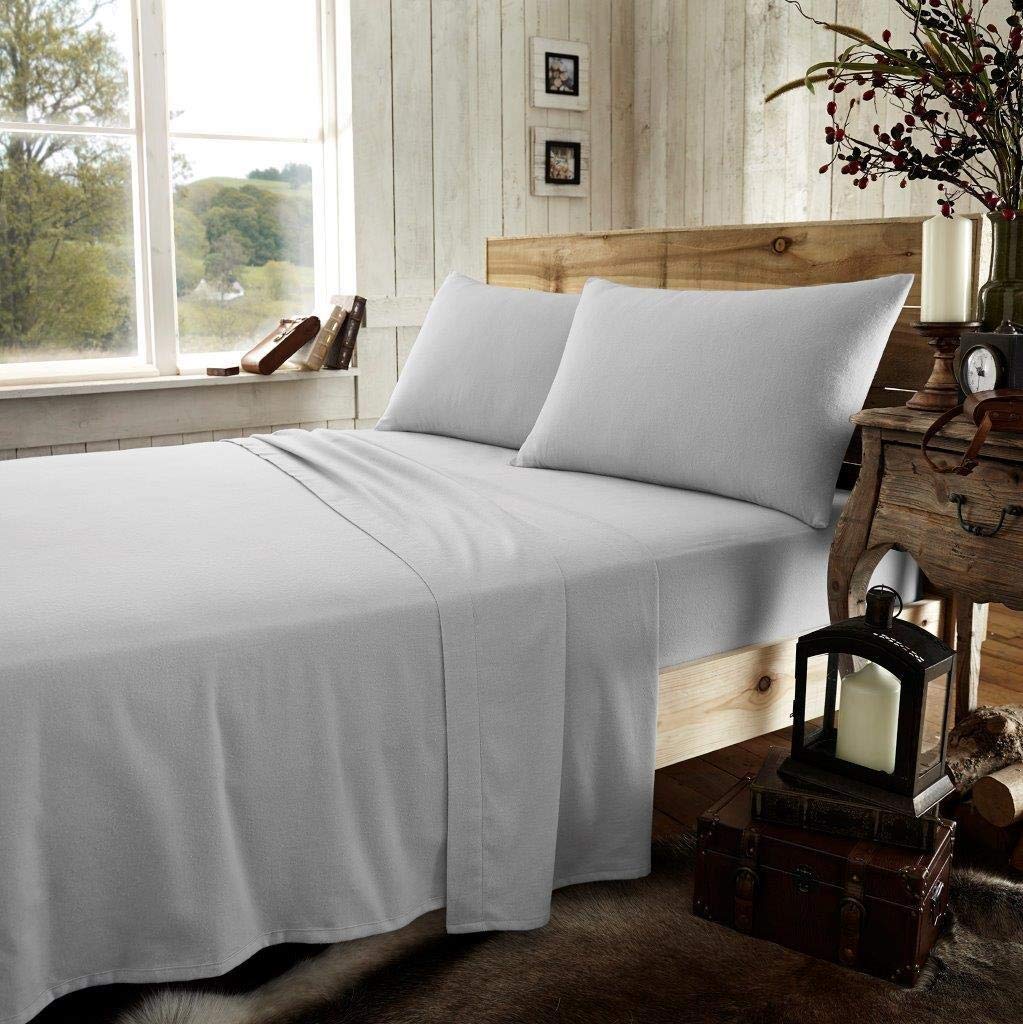 Slumber Nights Thermal Flannel Fitted Sheet Plain Brushed Cotton Winter Warm Bedding (Grey, Double Fitted Sheet)