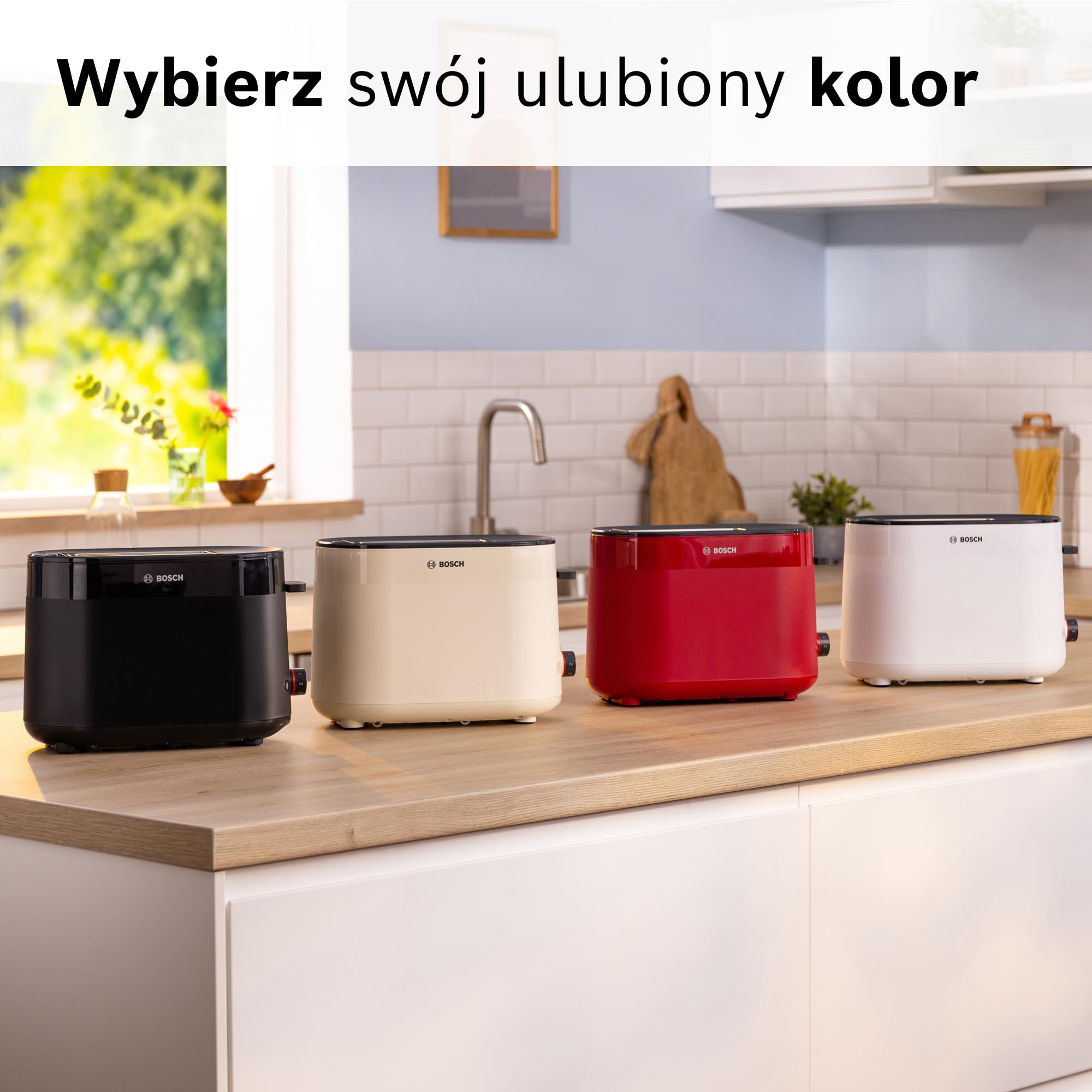 Bosch, toster, MyMoment, pojemnik na 2 kromki, podgrzewanie, rozmrażanie, ruszt na bułki, funkcja wysokiego podnoszenia, automatyczne wyłączanie, czerwony, TAT2M124