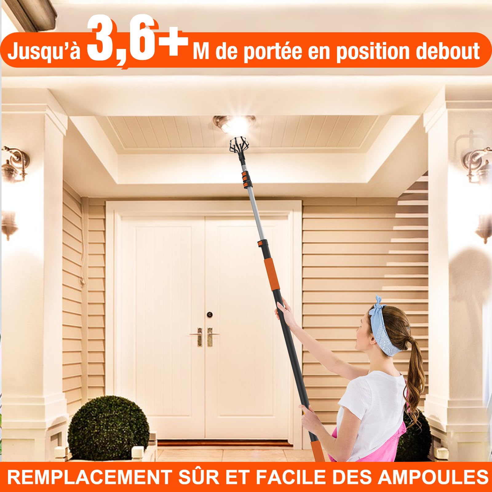 LAANPOLE Changeur 3,6m D’ampoules pour Hauts Plafonds, avec Paniers et Ventouse pour Luminaires Encastrés, Perche Télescopique Réglable