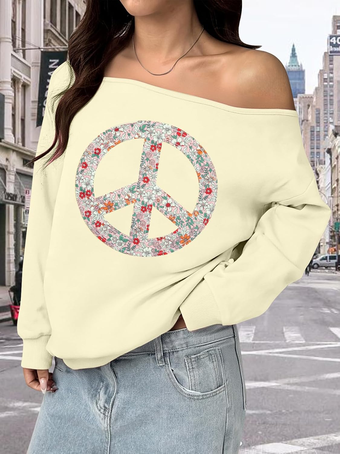 MYHALF Off the Shoulder Sweatshirt for Women Y2K Bow Graphic Pullover Tops Drop Shoulder Long Sleeve Cute Sweaters - Image 2