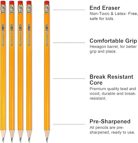 Miniatura 4 de Shuttle Art Paquete de lápices y borradores, juego de 600 lápices amarillos afilados + 72 borradores blancos de primera calidad a granel