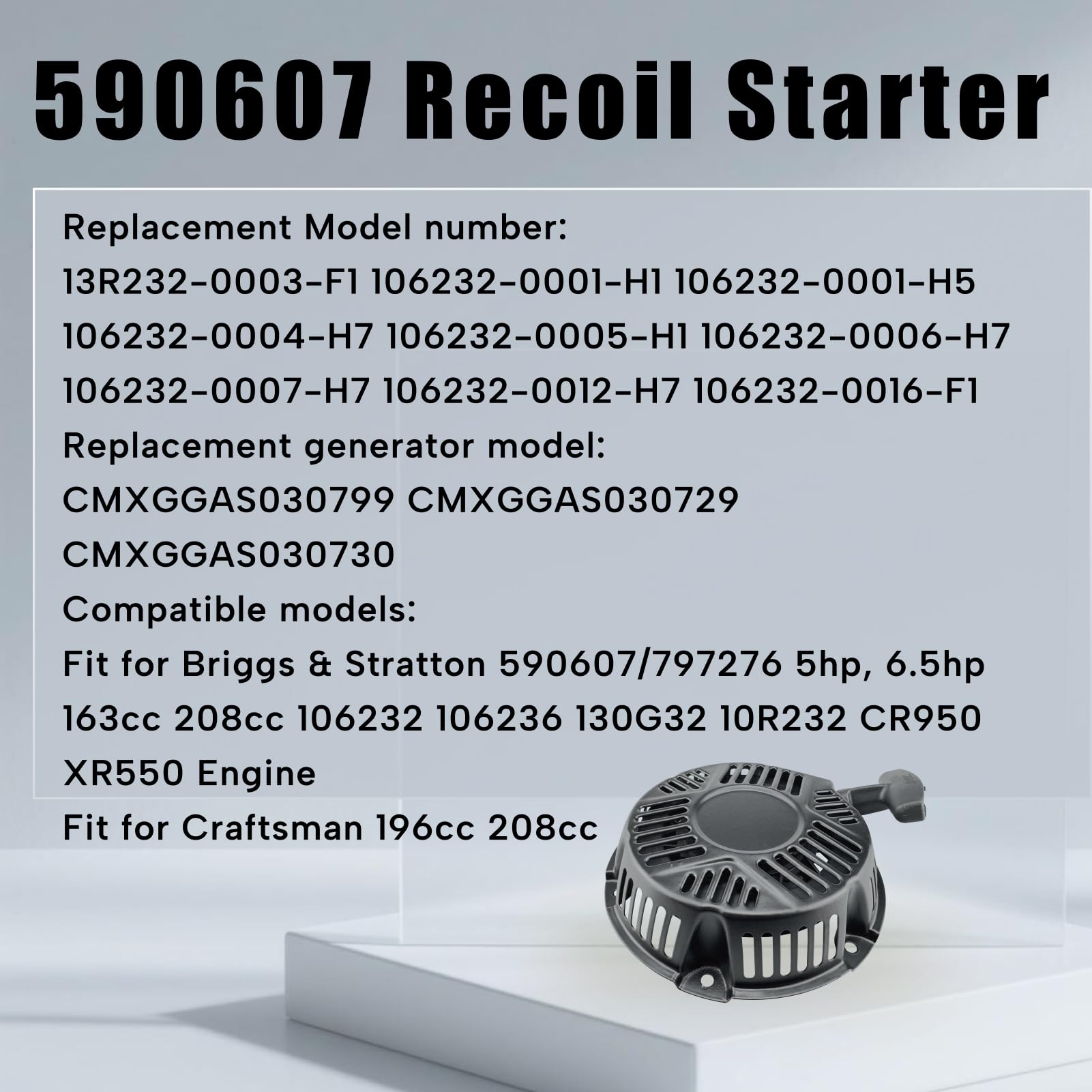 590607 - Conjunto de arranque de retroceso de repuesto para Briggs & Stratton 5 hp, 6.5 hp 163 cc 208 cc, se adapta a Craftsman 196 cc 208 cc Pull Start se adapta a generadores específicos