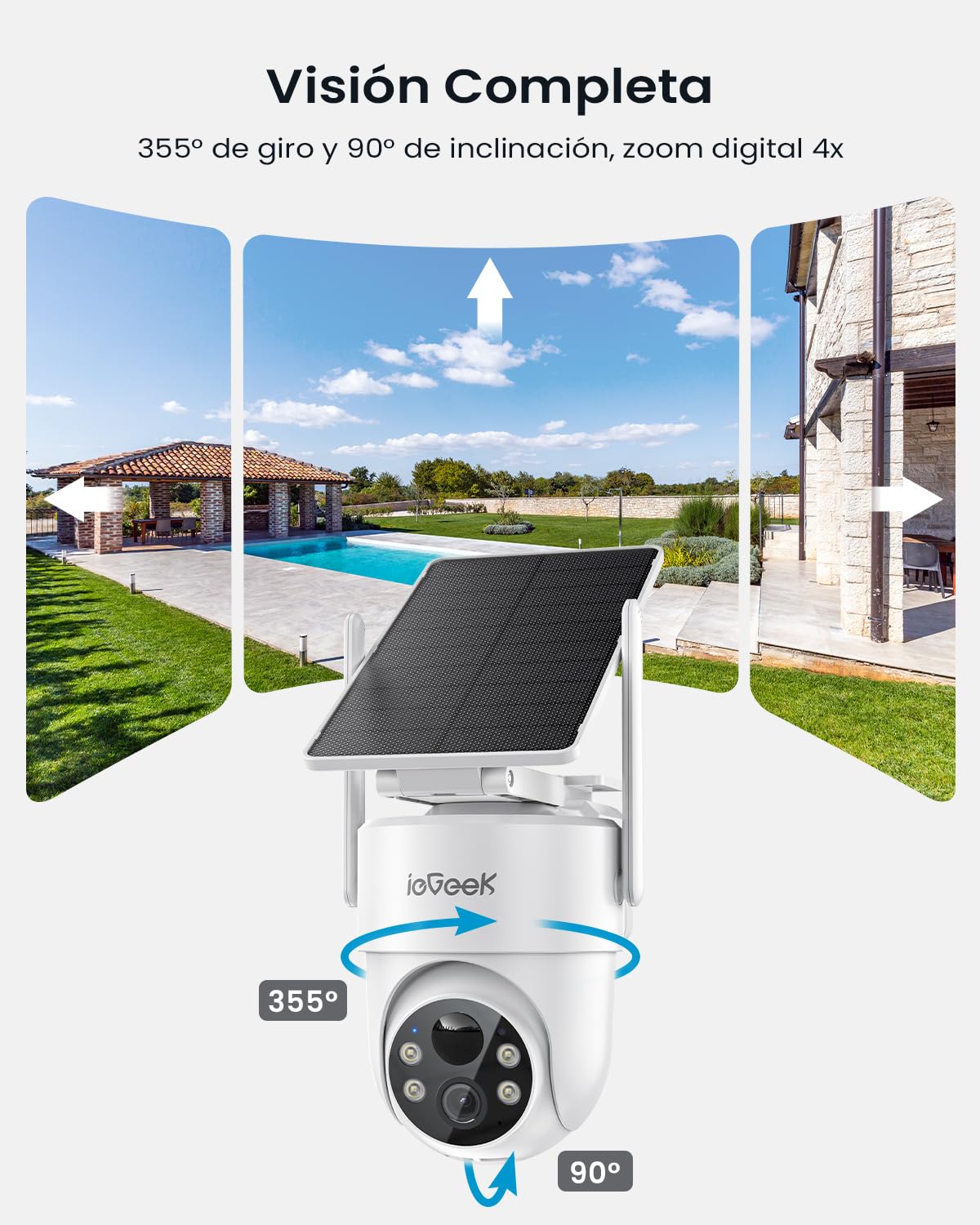 ieGeek 2K/3MP Camara Vigilancia WiFi Exterior Solar, Panel Solar Extraíble, 360° PTZ, Camara de Vigilancia sin Cables, PIR Humana Detección, Alerta de Peligro, Visión Nocturna Color, IP65