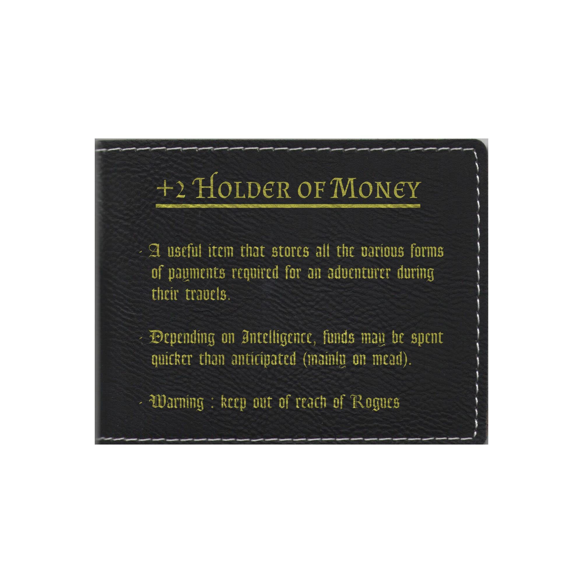 PrecisionNC EngravingD&D Gift Engraved Wallet - Leatherette - Holder of Money Funny Item Description - dnd, Dungeons Dragons, Nerdy Gift, Roleplay, Cosplay, Black/Gold, Modern