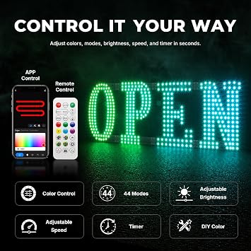 48'' 16'' Open Signs for Business, Extra Large LED Open Sign with 16 Million Colors, APP & Remote Control, Timer, 44 Flashing Modes, Adjustable Brightness & Speed, for Storefront Window or Glass Door