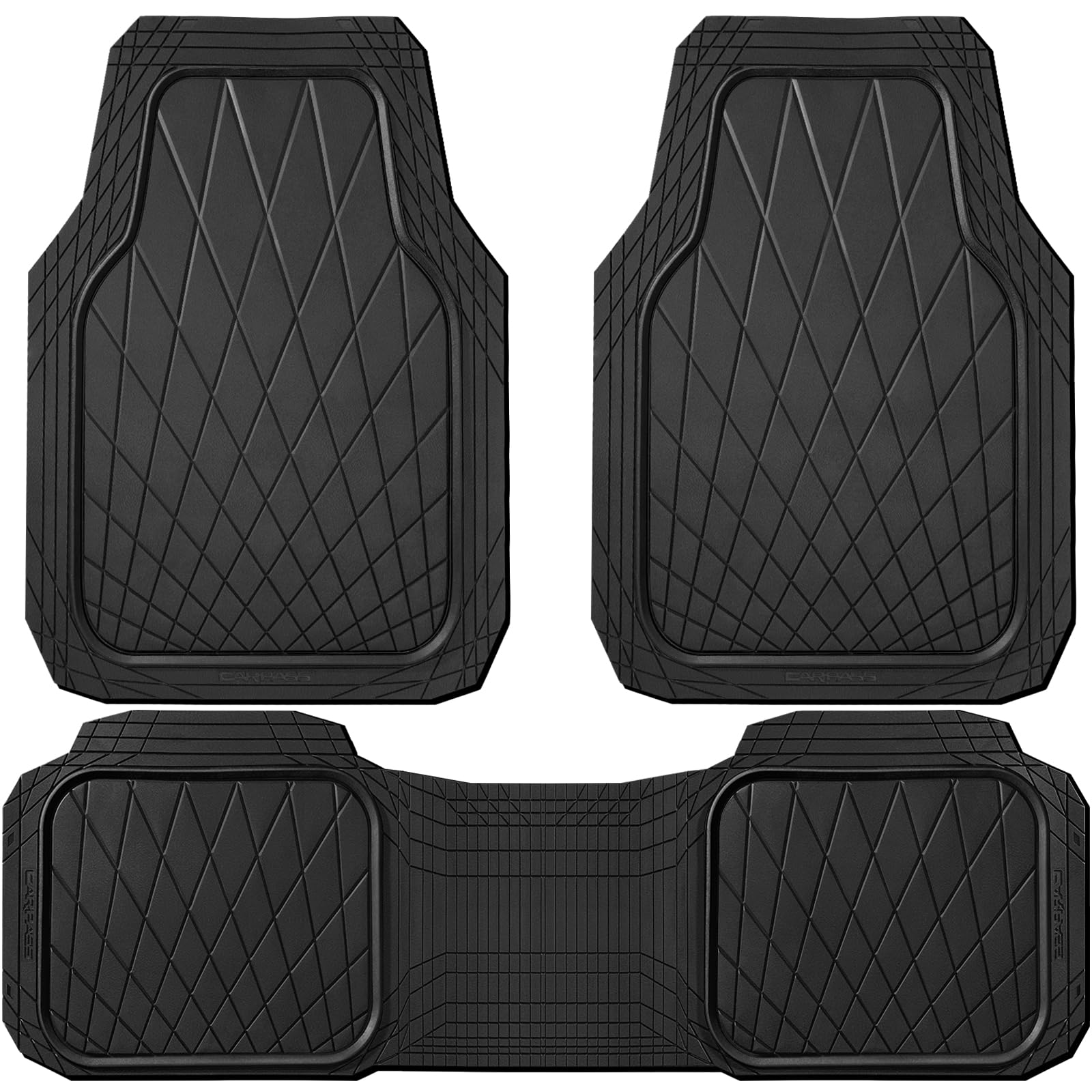 CAR PASS Heavy Duty Rubber Car Floor Mats, Waterproof Universal Trim-to-Fit Car Mats All Weather Floor Mats for SUV Truck Sedan, Premium Auto Floor Mats Full Set 3 Piece Anti-Slip, Solid Pure Black
