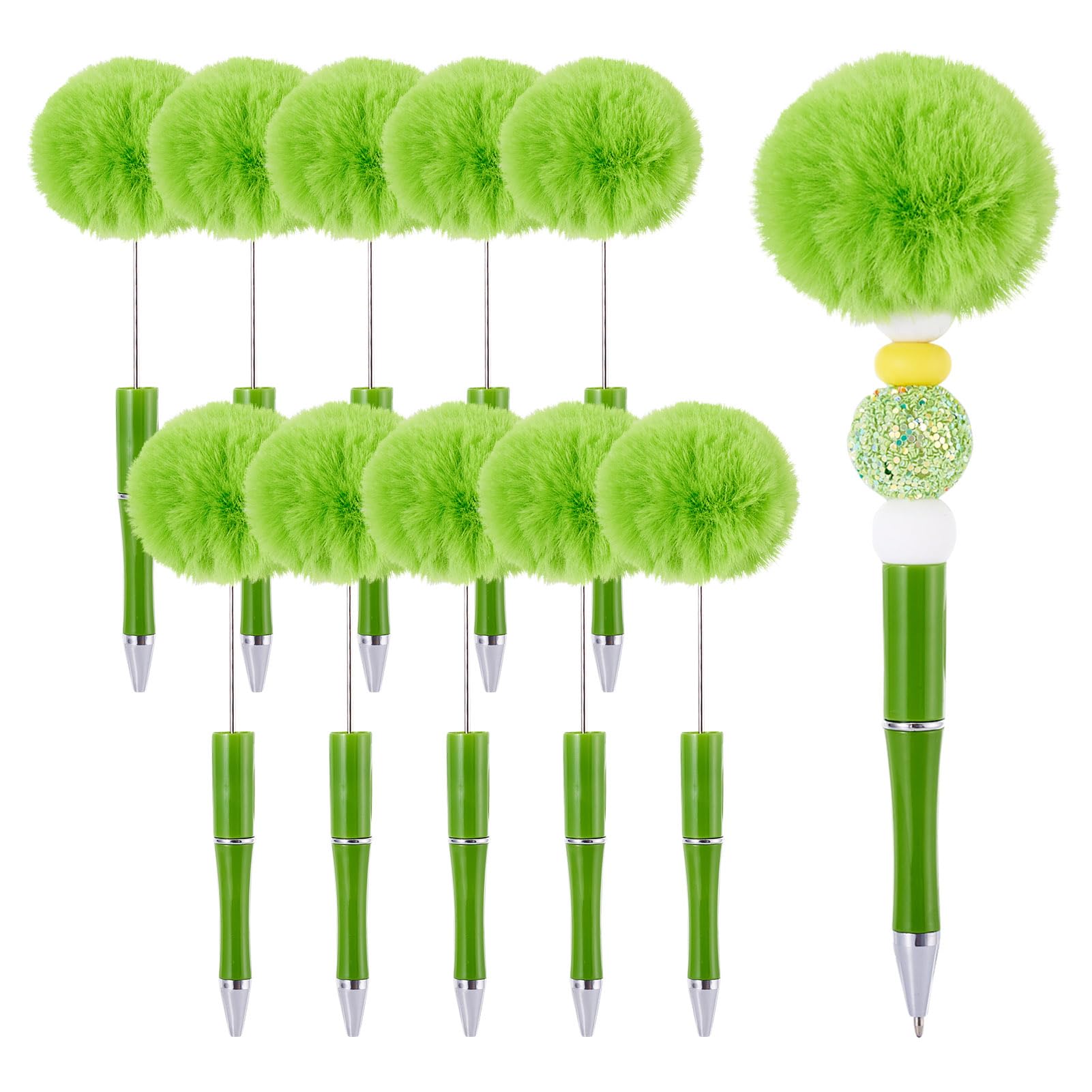 Beadthoven 10pcs Plush Beadable Pens Fluffy Ballpoint Pen Pom Pom Ball-Point Pens for DIY Personalized Beaded Rollerball Pen Office School Supplies, Lime