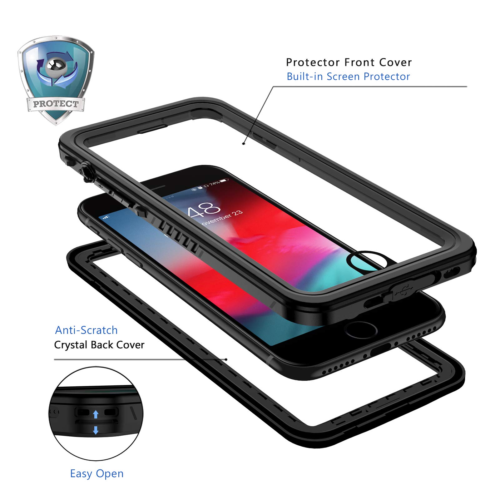 Focusor Cover iphone SE 2022,Custodia Impermeabile iphone 7/8[IP68 Certificato Waterproof] Cover Slim Antiurto Antineve Antipolvere AntiGraffio Subacquea Caso Protettiva per iphone SE 2020 (Nero)