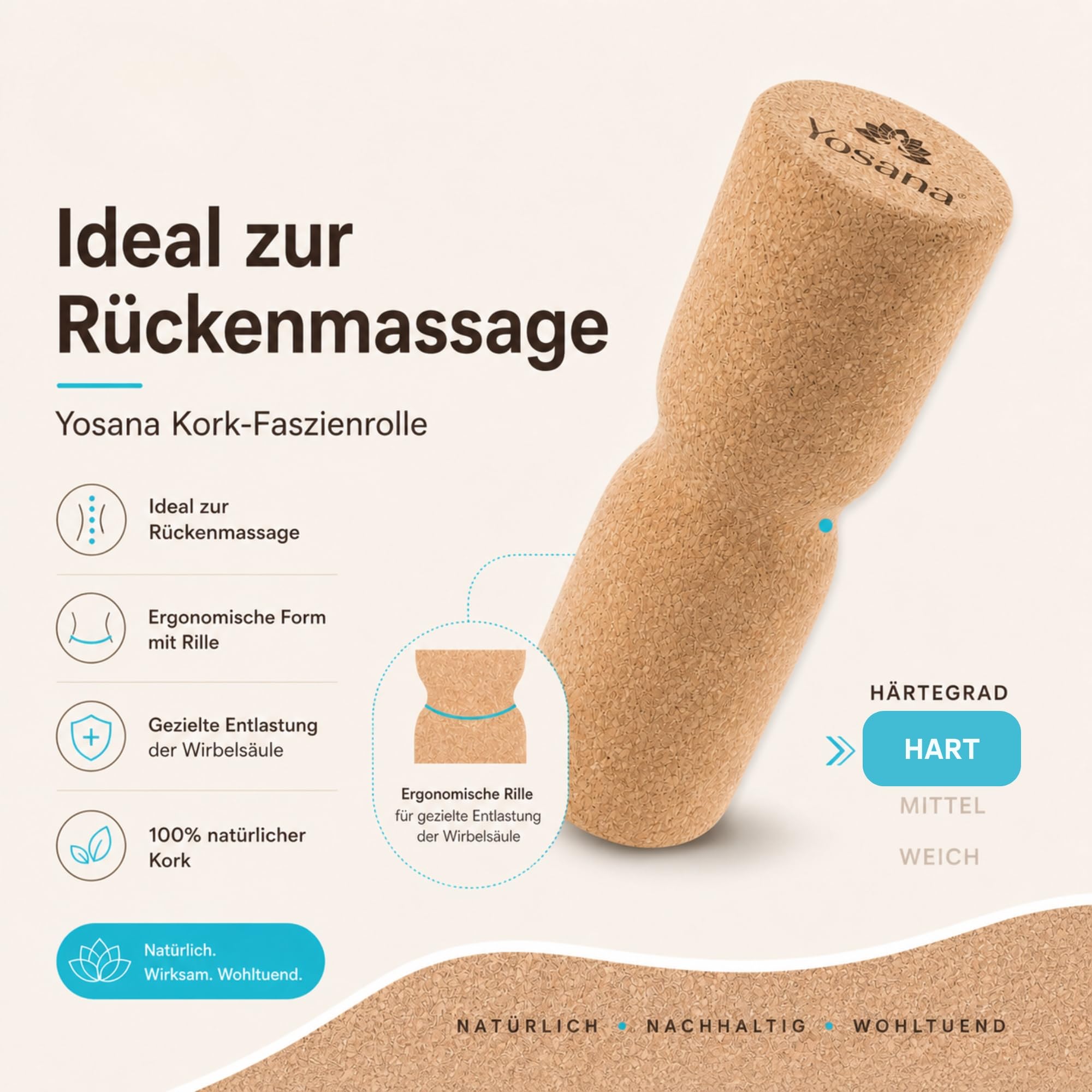 Kork Faszienrolle mit Wirbelsäulenschutz | Harte Rückenrolle für Rückenmassage & Faszientraining I Nachhaltige Korkrolle I 30x10cm