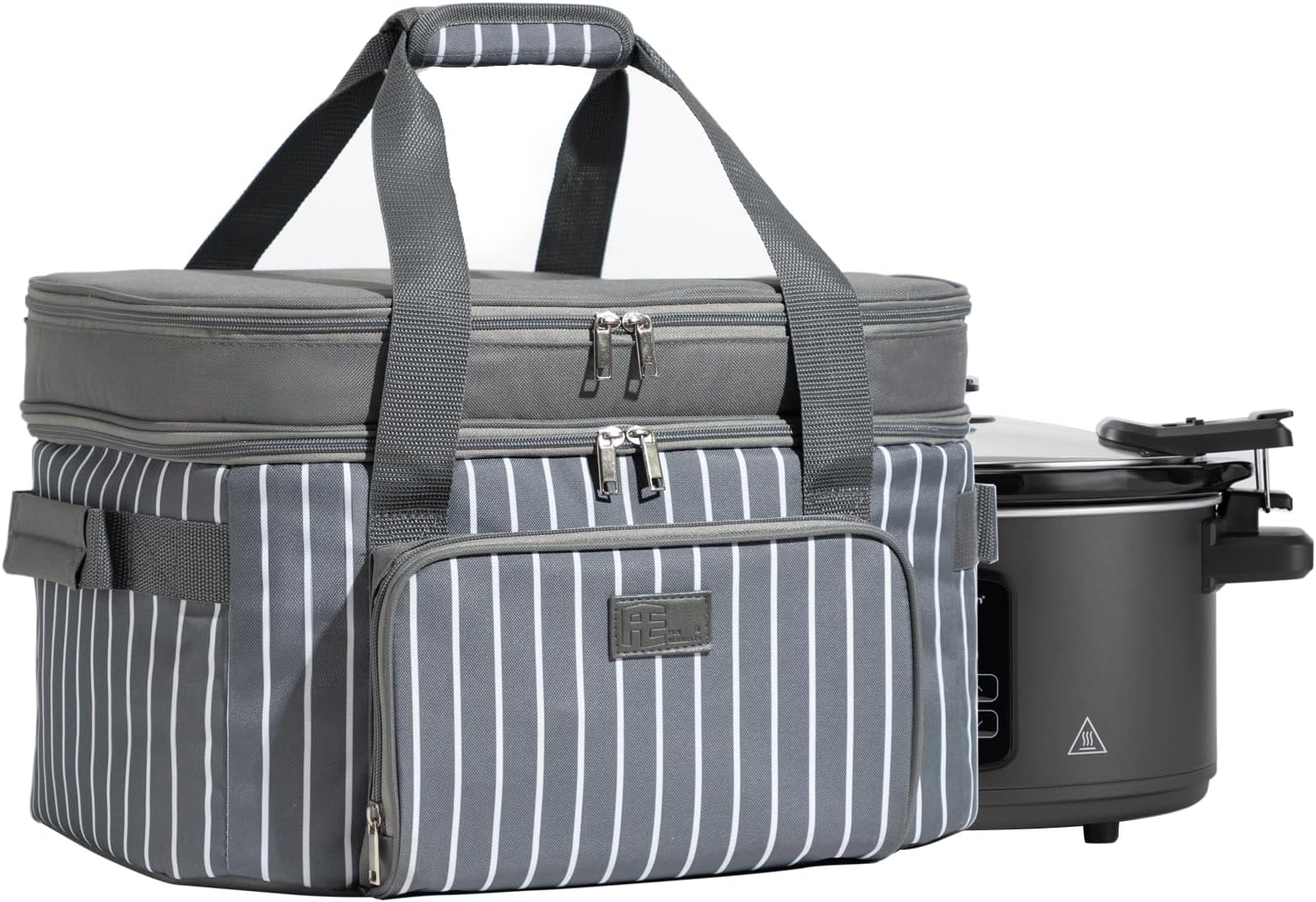 FE FUN ELEMENTS Double Layer Slow Cooker Bag for Most 6-8 Quart Oval CrockPot, Insulated Crock Pot Travel Bag with Support Pad and Adjustable Straps, Top Zip Compartment and Front Pocket for Utensils