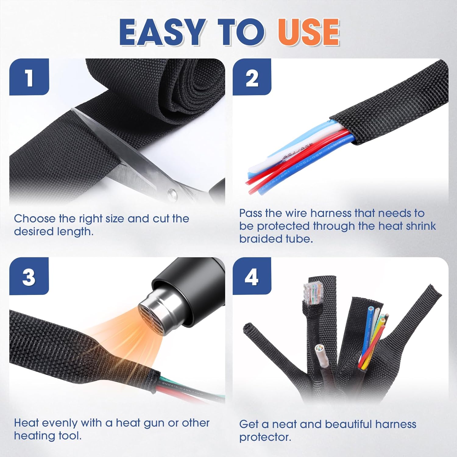 2:1 Heat shrinkable Braided Sleeving Fabric Wire Loom High Temp Heat Shrink Wiring Harness Abrasion Protector Cable Sleeve(3/8"-48ft)