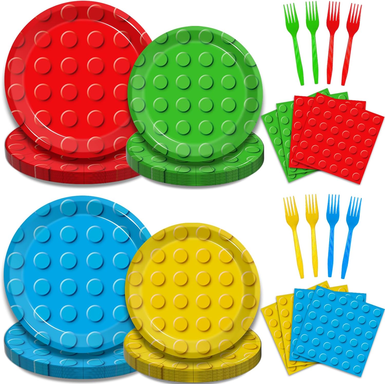 96 Pcs Building Block Party Supplies, Building Bricks Plates and Napkins Set Building Block Themed Dinnerware for Birthday Party Decorations, Serves 24