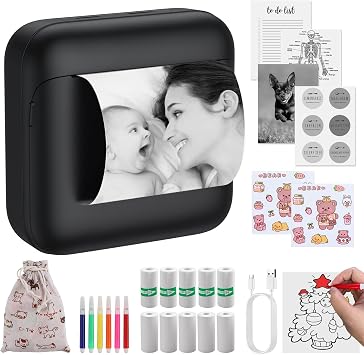 eSynic Portable Mini Sticker Printer-1200mAh Rechargeable Battery-Bluetooth Mini Printer-Lnkless Printing-Pocket Size Designed-5 Roll Adhesive & 5 Thermal Paper-6*Color Pen-for DIY/Photos/Study Notes