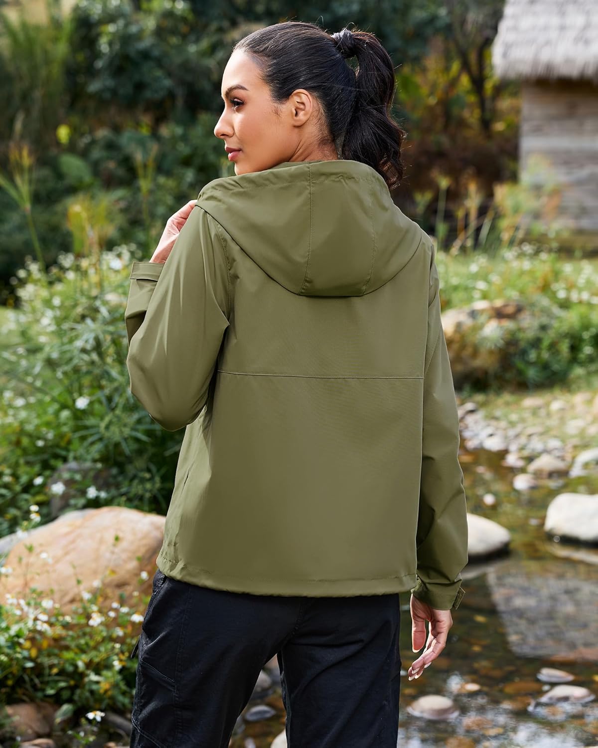 luvamia Rain Jacket Women Waterproof Lightweight Drawstring Zip Rain Coats Hiking Outdoor Travel Windbreaker with Hood