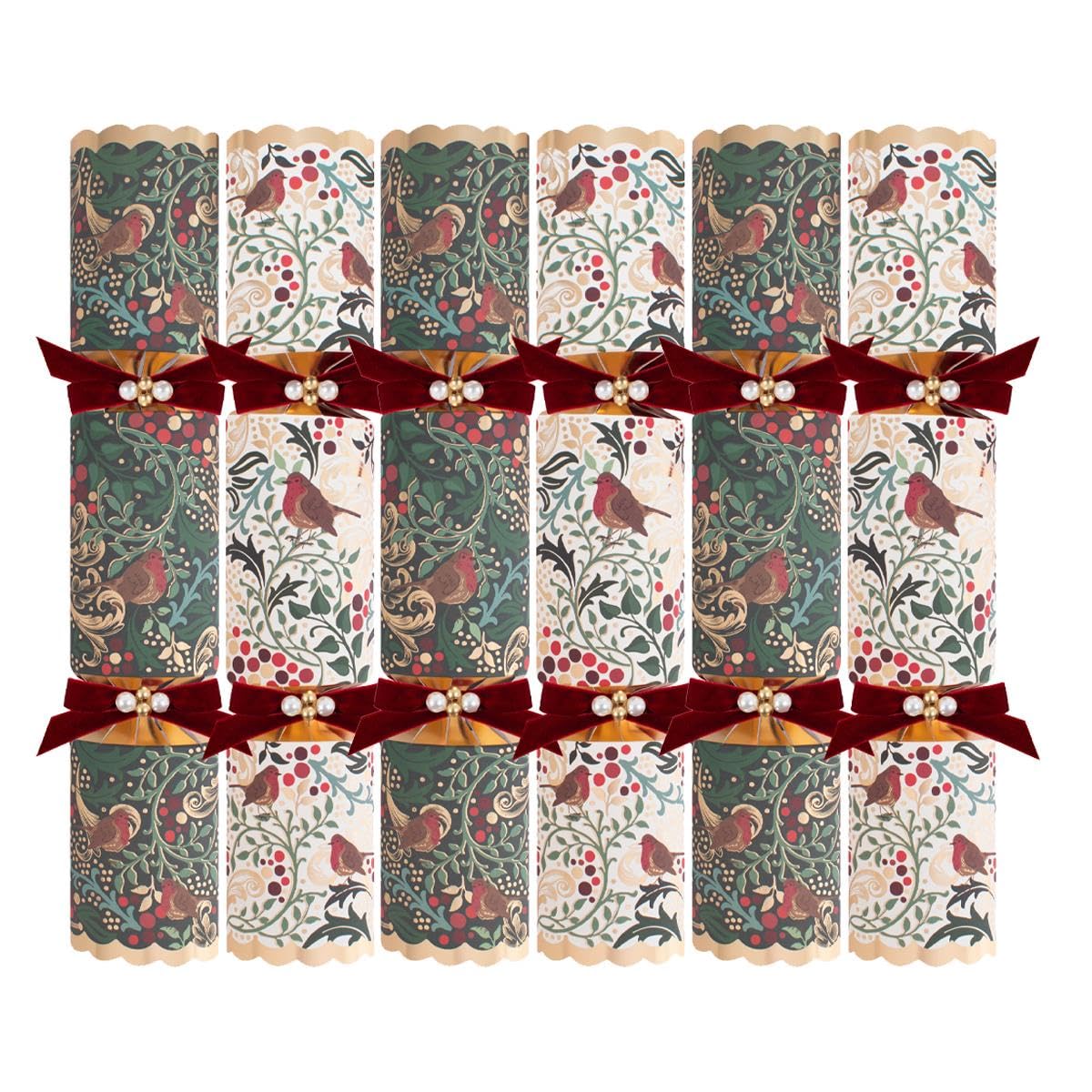 Yöl Green Floral Robin Pack Of 6 Exquisite Red Robin Christmas Crackers - 13.5" Green White Festive Holly Foliage Xmas Holiday Dinner Table Decorations - Novelty Fun Prizes Gifts Contains Hats Jokes