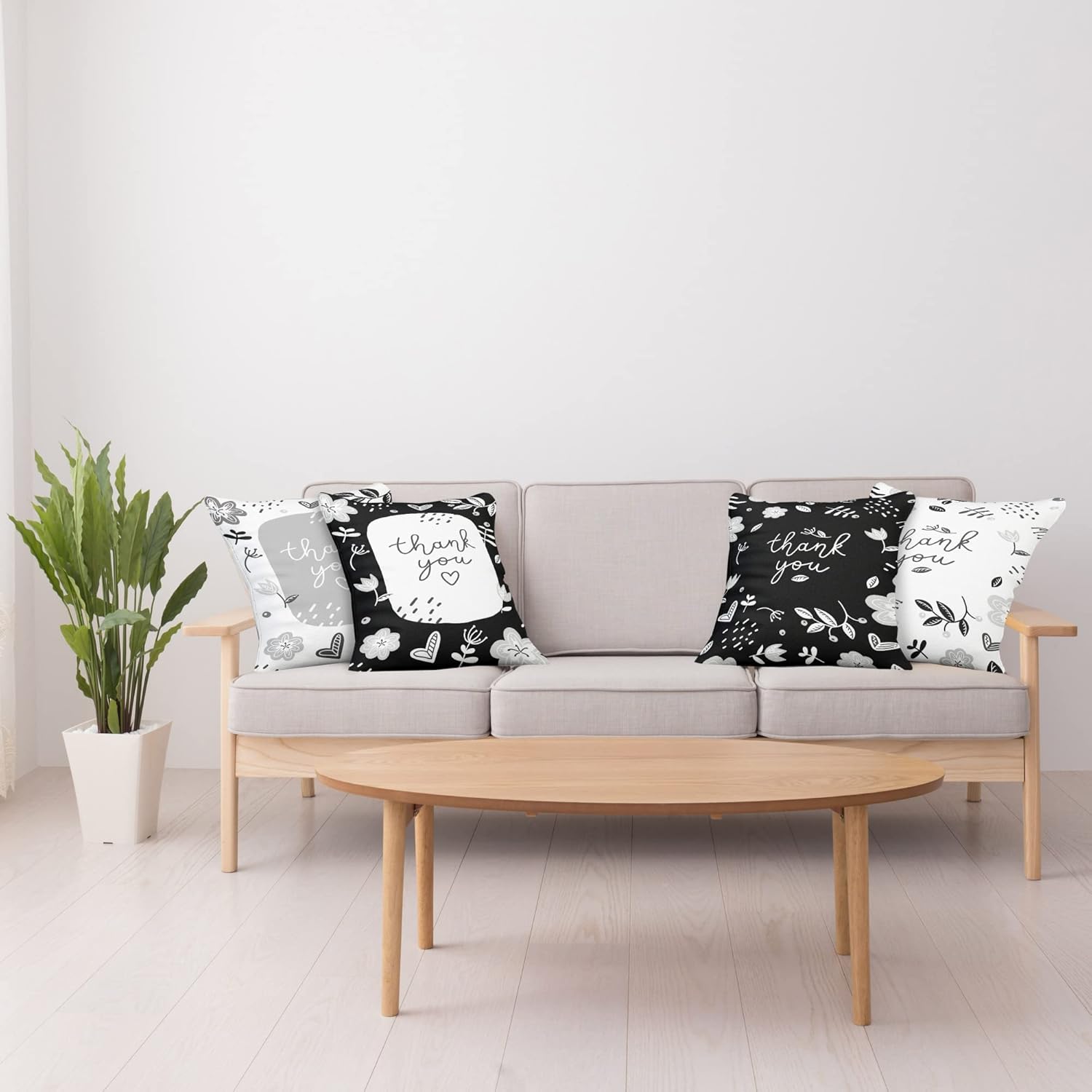 Ambesonne Thank You Throw Pillow Cushion Case Pack of 4, Modern Hand Written Curlicue Lettering Sketchy Spring Floral Berries, Modern Accent Double-Sided Printing, 20" x 12", Charcoal Grey and White