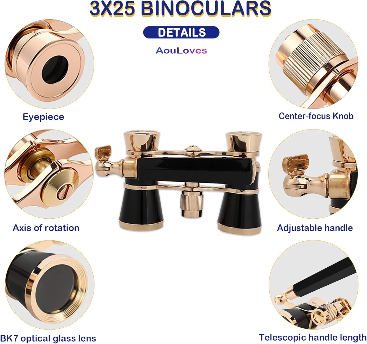 Opera Glasses Binoculars 3 X 25 Compact and Lightweight with Built-in Foldable Theater Glasses, Adjustable Handle for Adults Kids Women in Music Concerts and Opera Houses (Black)