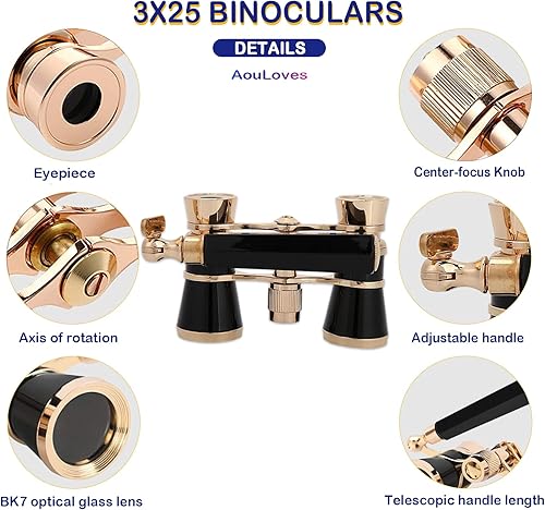 Miniatura 2 de AouloveS Prismáticos para gafas de ópera, binoculares de 3 x 25 pulgadas, anteojos de teatro, mini binoculares compactos con mango ajustable para