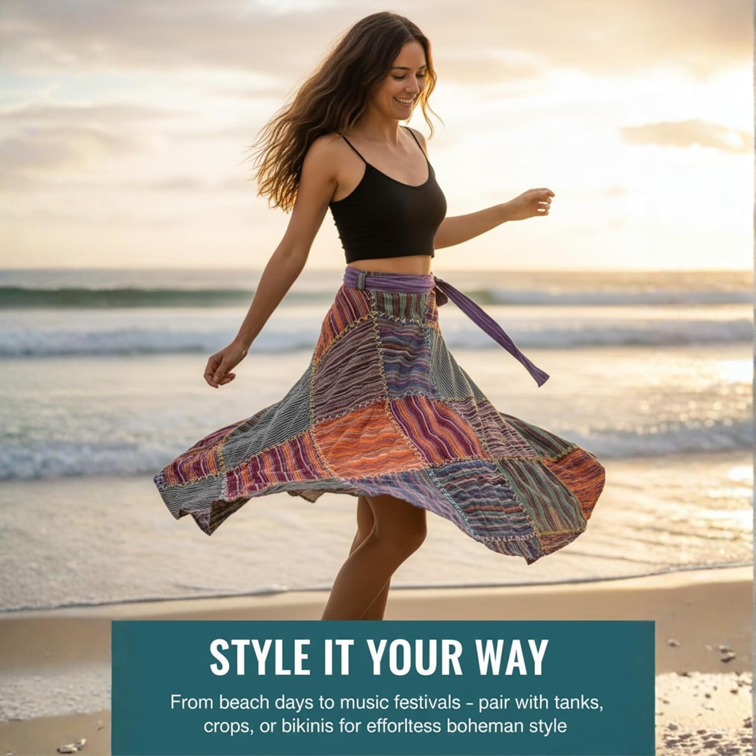 Shopoholic Fashion Wrap Round Hippie Festival Knee Length Patchwork Boho Long Skirt Multicoloured - Image 2