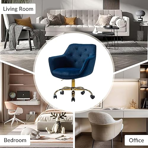 Miniatura 6 de HULALA HOME Silla de oficina de terciopelo con base dorada, moderna y bonita silla de escritorio con respaldo medio, silla giratoria ajustable para