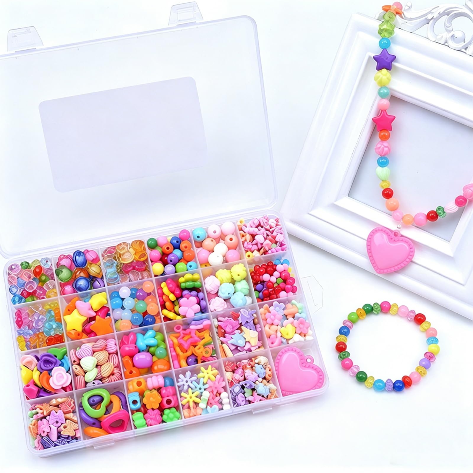SKYPRO DIY Beaded Jewelry Making Kit, Acrylic Loose Beads & Spacer Beads, Handmade Bracelet Necklace Making Set with 24-Compartment Storage Box（Type6 500Pcs）