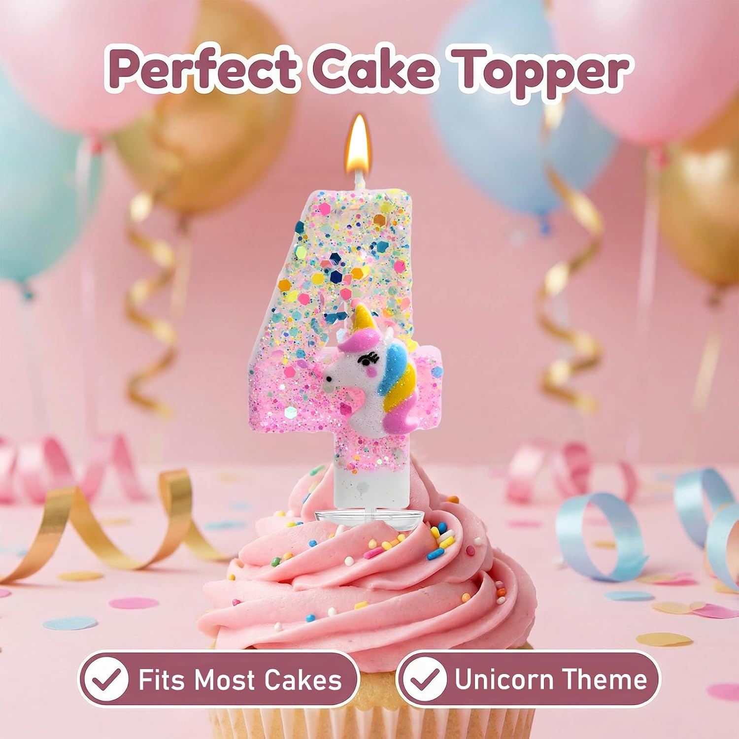 Unicorn Number 4 Birthday Candles - Glittering Birthday Cake Topper, Pink & Gold Sparkle Number Candle for Cartoon Theme Birthday Party Decorations (Unicorn, Number 4)