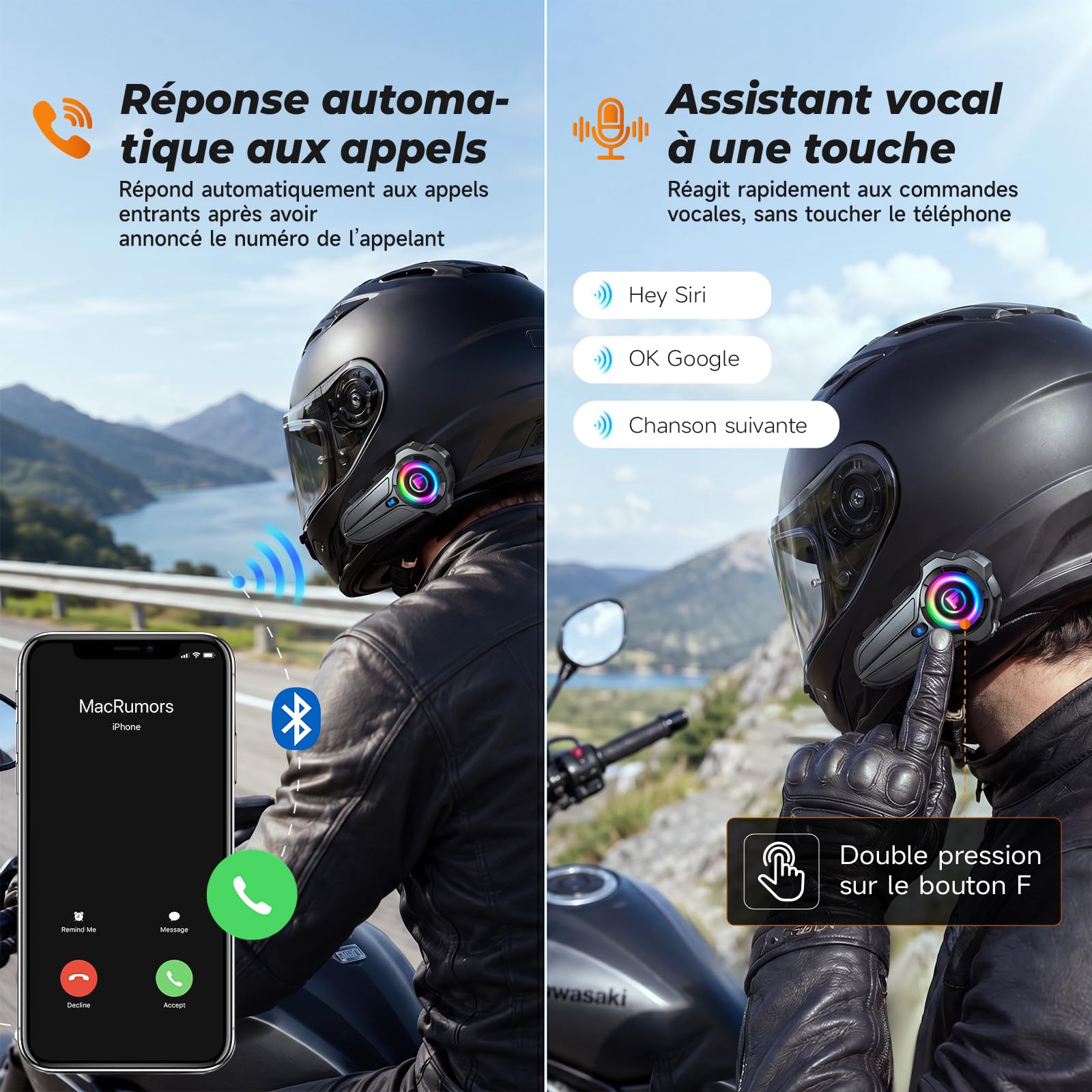 Lot de 2 F10Pro Intercom Moto Duo pour 2 Casques, Interphone Moto Bluetooth 5,3, Appairage Universel, Communication de 1000m, Réduction Intelligente du Bruit, IP67 Étanche, Mains Libres Automatique