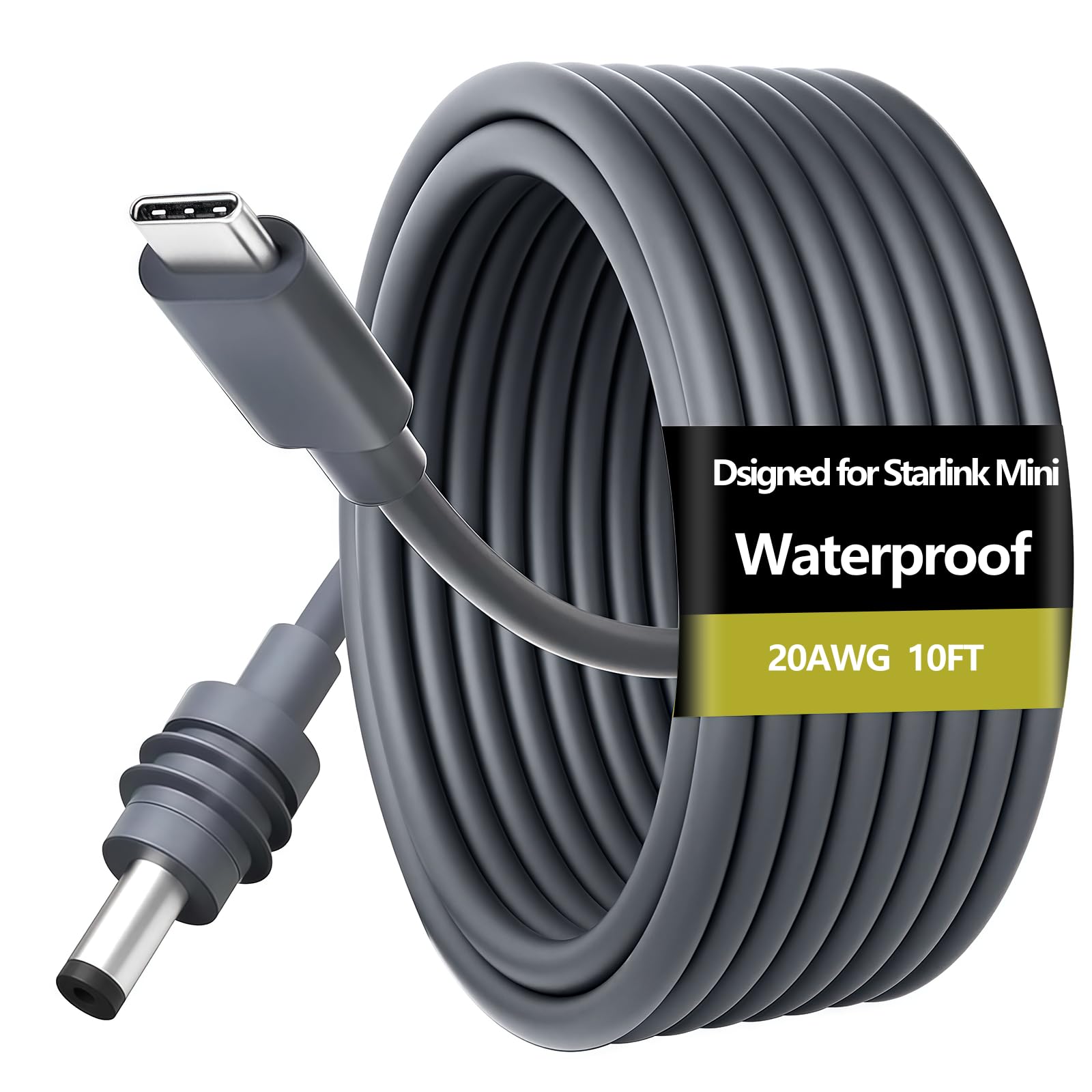 Rockbamb for Starlink Mini Cable 10FT/3M Direct to USB-C, 100W USB C to DC Power Cord 20AWG, Waterproof Outdoor Compatible with 60W+ PD Source - Gray