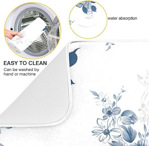 Miniatura 2 de Tarity Tapete de secado de platos de flores azules de acuarela para encimera de cocina, absorbente, resistente al calor, tapete escurridor de platos