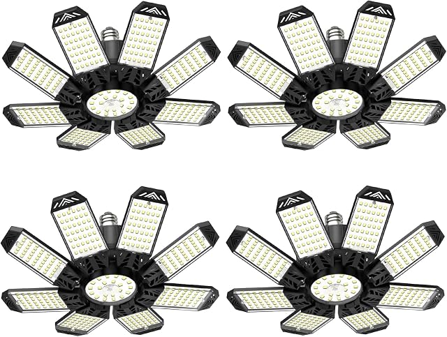 Lumière de garage - paquet de 4 260W 26000LM LED Feux de garage avec panneaux réglables 8+1 et Constant Drive, adapté pour E26/E27 Base, 6500K LED Lumières de magasin pour Entrepôt, Store, Salle de rangement