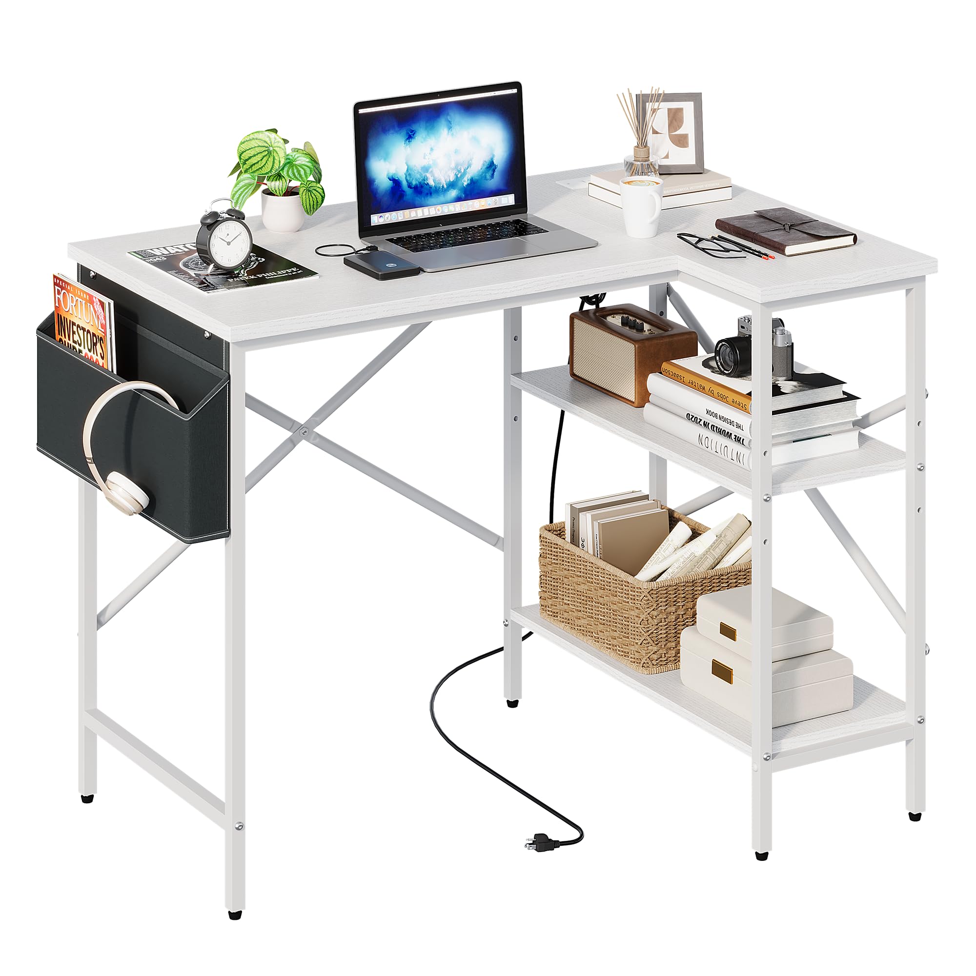 Panana L Shaped Gaming Desk with Power Outlets, Reversible Corner Computer Desk with Storage Bag & Shelves, Home Office Study Workstation Writing Table for Small Spaces (White, 100x70cm)