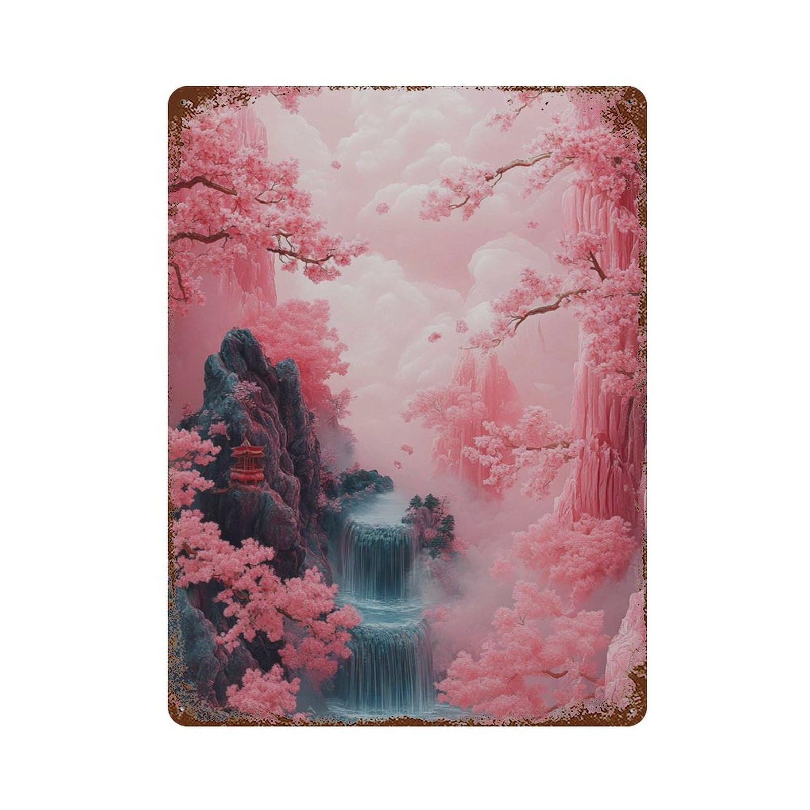 xiaoxiaoshen Cherry Blossom Waterfall Pink Japanese Landscape Tranquil Nature Bedroom Or Livi Wall Decor Art Metal Tin Poster Modern Home Decor Art Home Bar Shop Decorations Vintage Sign 40x30cm