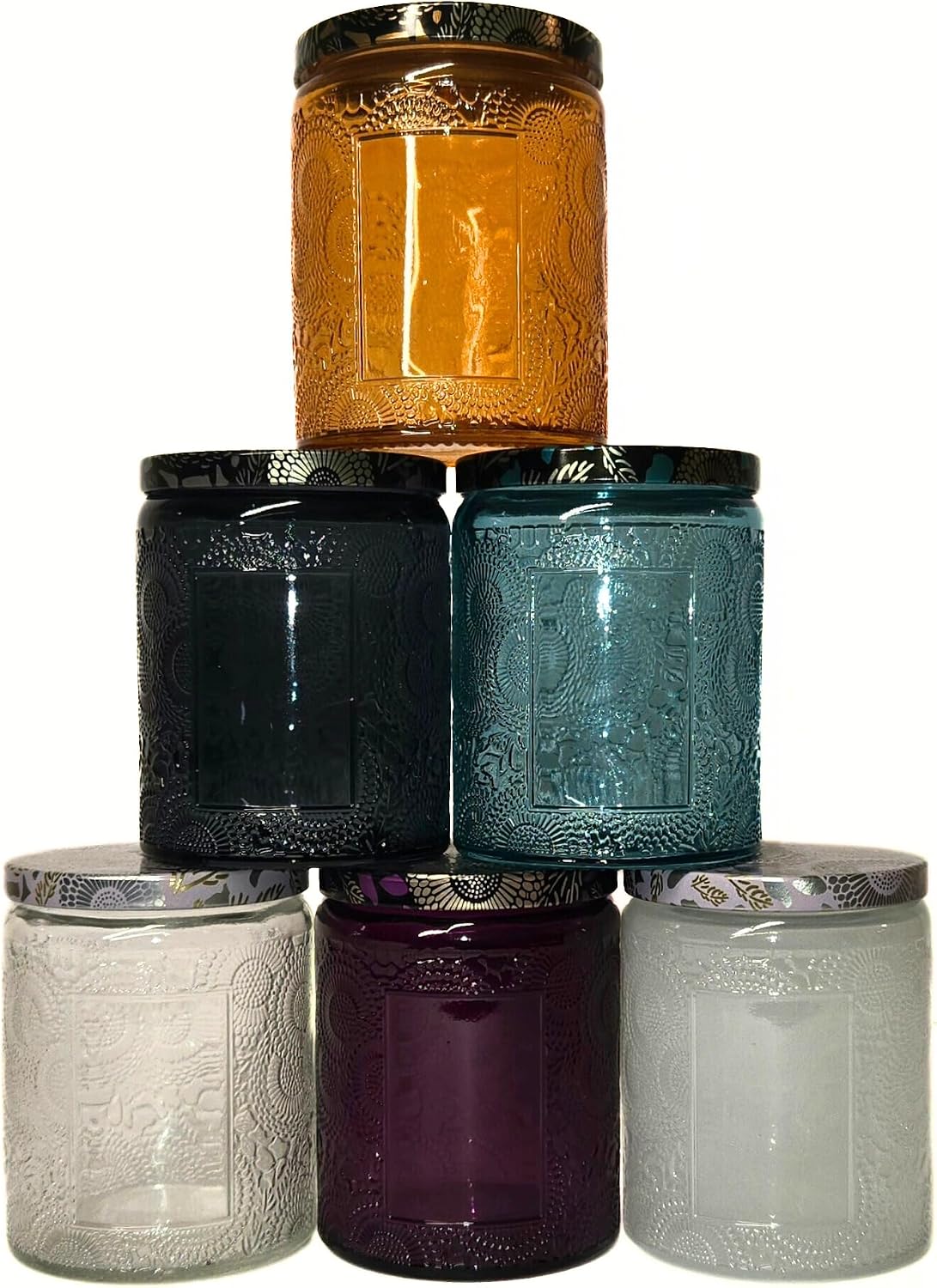 9oz/250ml Embossed Candle Jars – 6 Pack Empty Glass Containers with Tin Lids, Sticker & Warning Labels for Candle Making, DIY Candle Craft (Mixed Colors)
