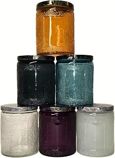 9oz/250ml Embossed Candle Jars – 6 Pack Empty Glass Containers with Tin Lids, Sticker & Warning Labels for Candle Making, DIY Candle Craft (Mixed Colors)
