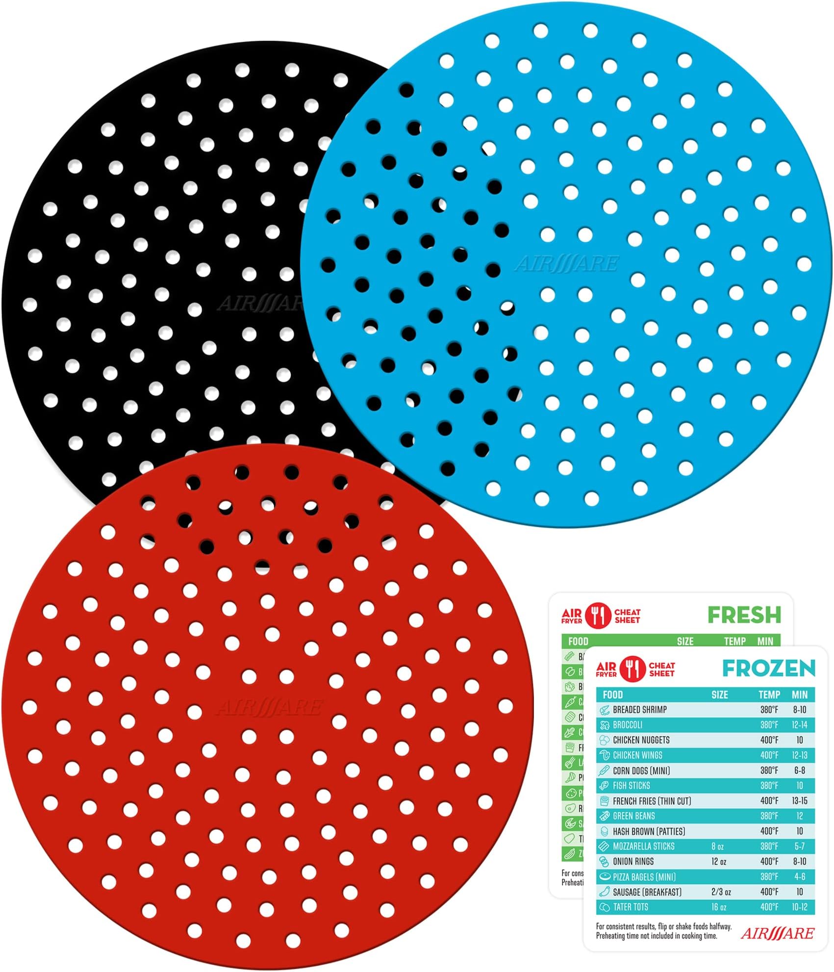 Airware Aeromats Pro Reusable Air Fryer Liners | 3-Pack and Magnetic Cook Times List | Air Fryer Accessories For NINJA, INSTANT VORTEX, GOURMIA, MORE | USA Designed, 100% Silicone 8-Inch Round