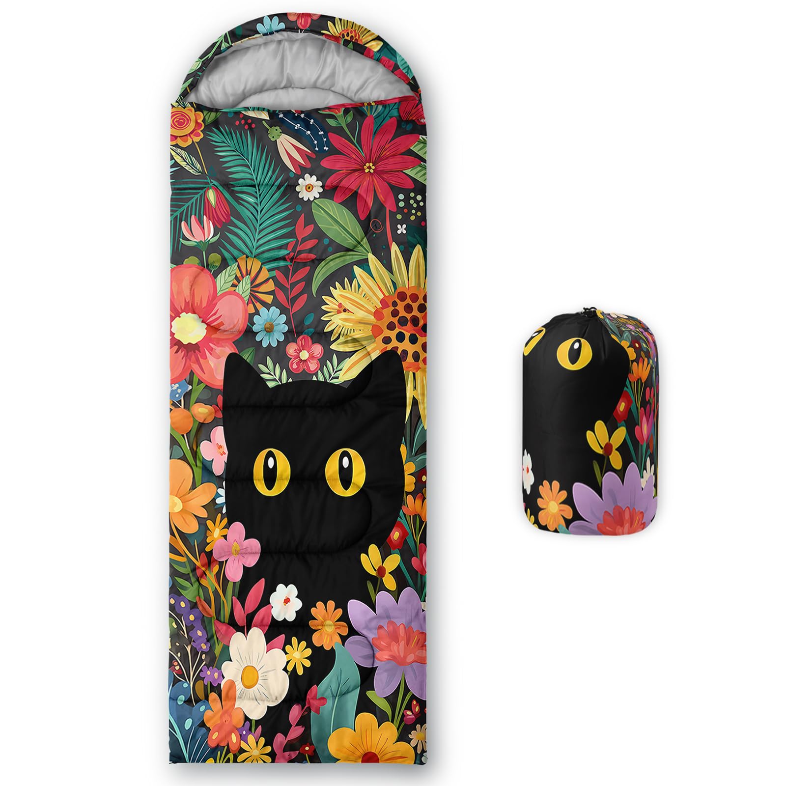QOOMO Cat Printed Camping Sleeping Bags,3 Season Warm & Cool Weather,Lightweight,Waterproof Sleeping Bags for Adults & Kids,Traveling,and Outdoors,Camping Gear Equipment,31x90inch