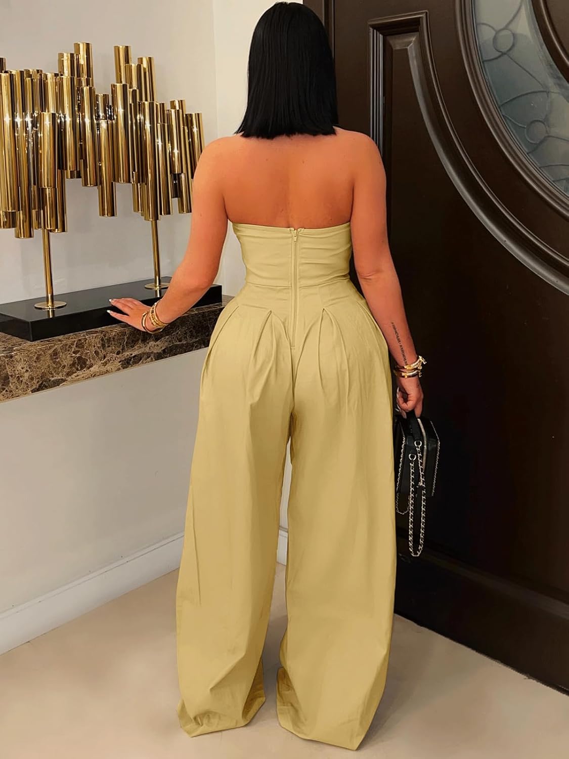 KANSOON Jumpsuits for Women Strapless Tube Top Wide Leg Long Pants Buttons Sexy One Piece Dressy Outfits - Image 3