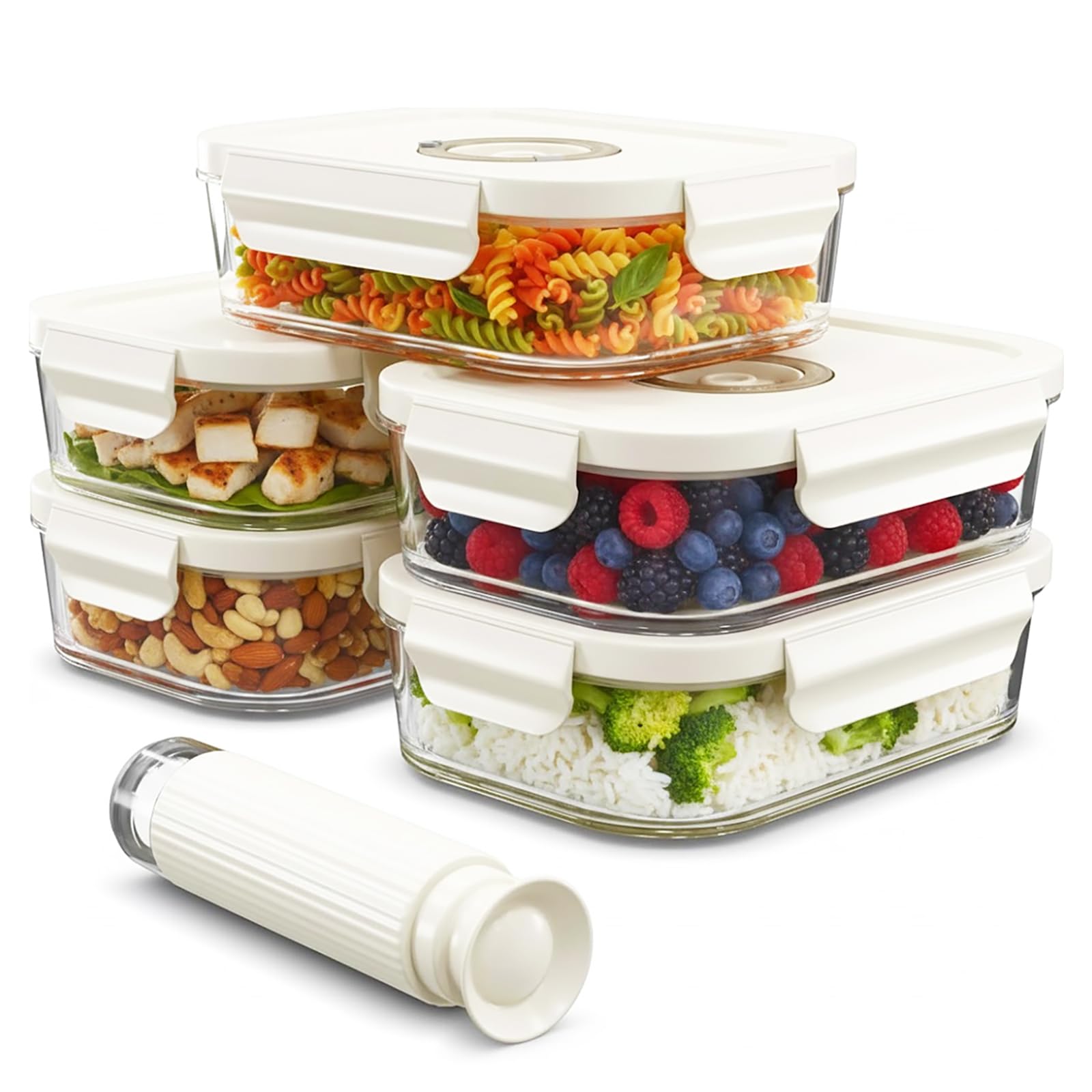 SPARES2GO Boîtes de conservation sous vide en verre avec couvercles à clips (Lot de 5, Petit format, 630 ml) + Pompe manuelle
