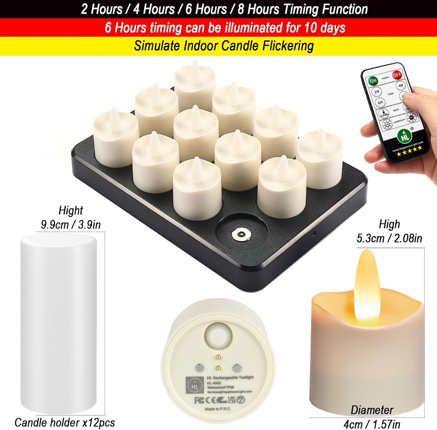 HL Flameless Candles with Remote Timer, 100+Hours Rechargeable Waterproof Outdoor Candles Tea Lights with Charging Base, Warm White LED Votive Floating Tealights for Festival Wedding Party Decor-12pcs
