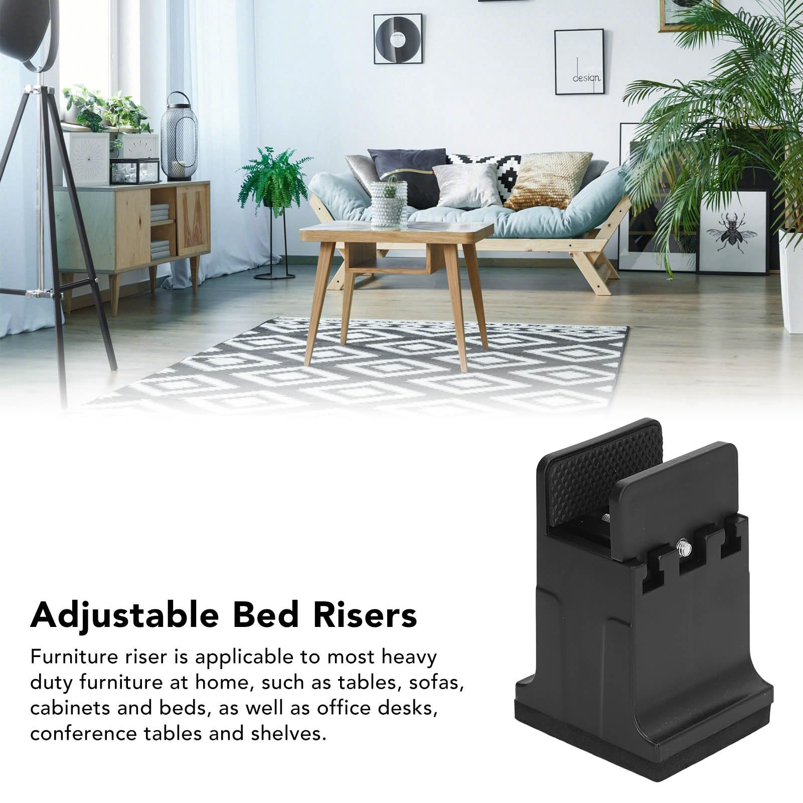4 Pezzi Alzate Regolabili per Mobili, Alzata in Gomma Resistente con Morsetto a Vite Regolabile per Letto, Sedia, Tavolo, Divano, Scrivania (Nero)